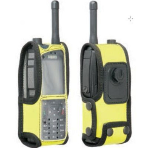 Sepura Klick Fast high visibility yellow leather case for SC20 SKU RSC20SIDEYP1KF — Front and side view high visibility yellow leather radio case with clear front panel containing a radio